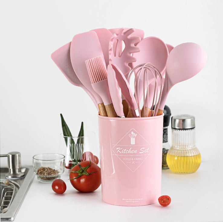 14 Pcs Set of Silicone Kitchenware with Wooden Handle