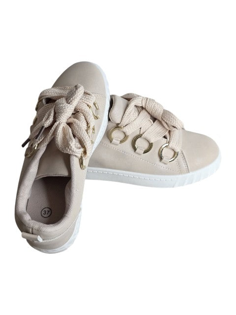 SparkGlow Women’s Beige Gold Casual Sneakers - Elegant Lace-Up Fashion Trainers