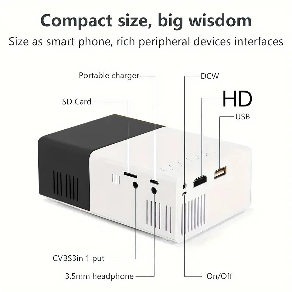 Portable Wired Mobile Phone Projector With Extendable Stand, LED Mini Home Video Device, 1080p HD Screen, USB SD AV HD