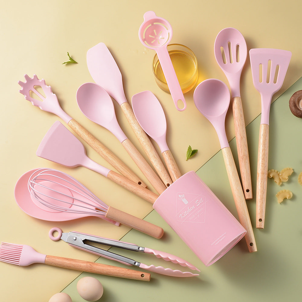 14 Pcs Set of Silicone Kitchenware with Wooden Handle