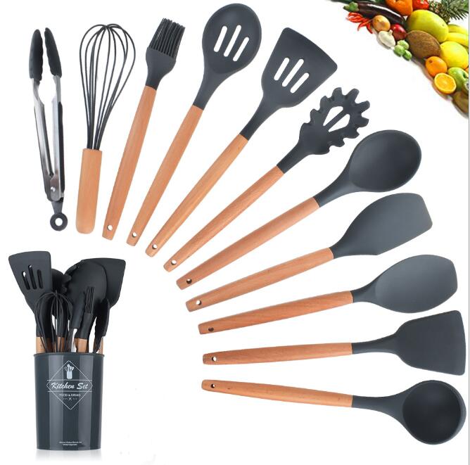 14 Pcs Set of Silicone Kitchenware with Wooden Handle