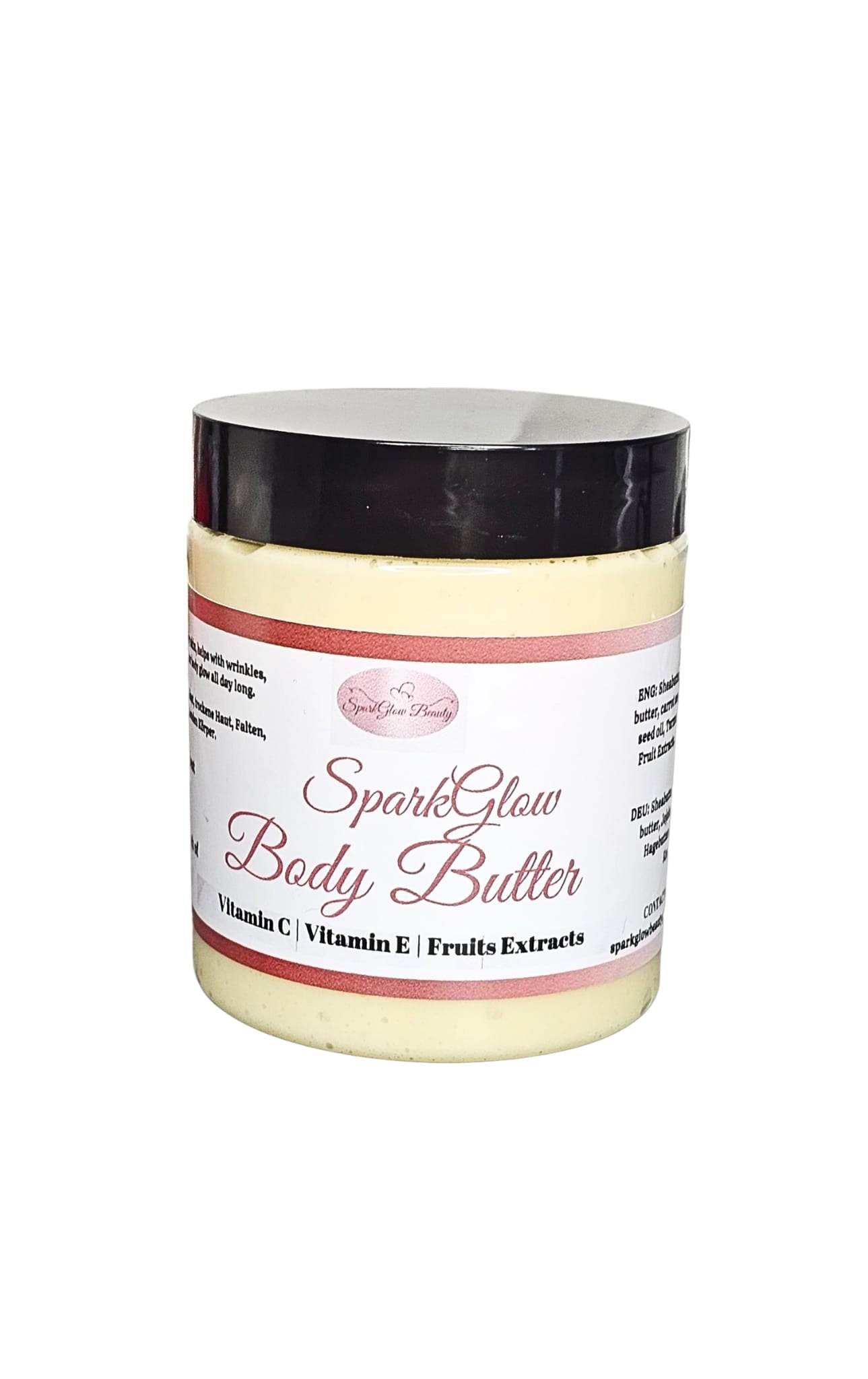 Give your skin the care it deserves with SparkGlow Body Butter, a rich, creamy moisturizer designed to deeply nourish, hydrate, and enhance your skin’s natural glow. Made with a luxurious blend of natural butters and skin-loving oils, this body butter melts smoothly into the skin, leaving it soft, radiant, and beautifully scented with a fruity fragrance and cake-frosting-like texture.