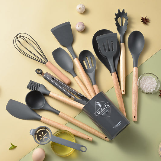14 Pcs Set of Silicone Kitchenware with Wooden Handle